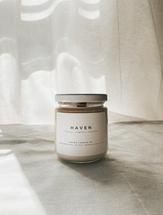 Soy wax candle with wooden wick vanilla scent. Hand poured in Nova Scotia Canada.